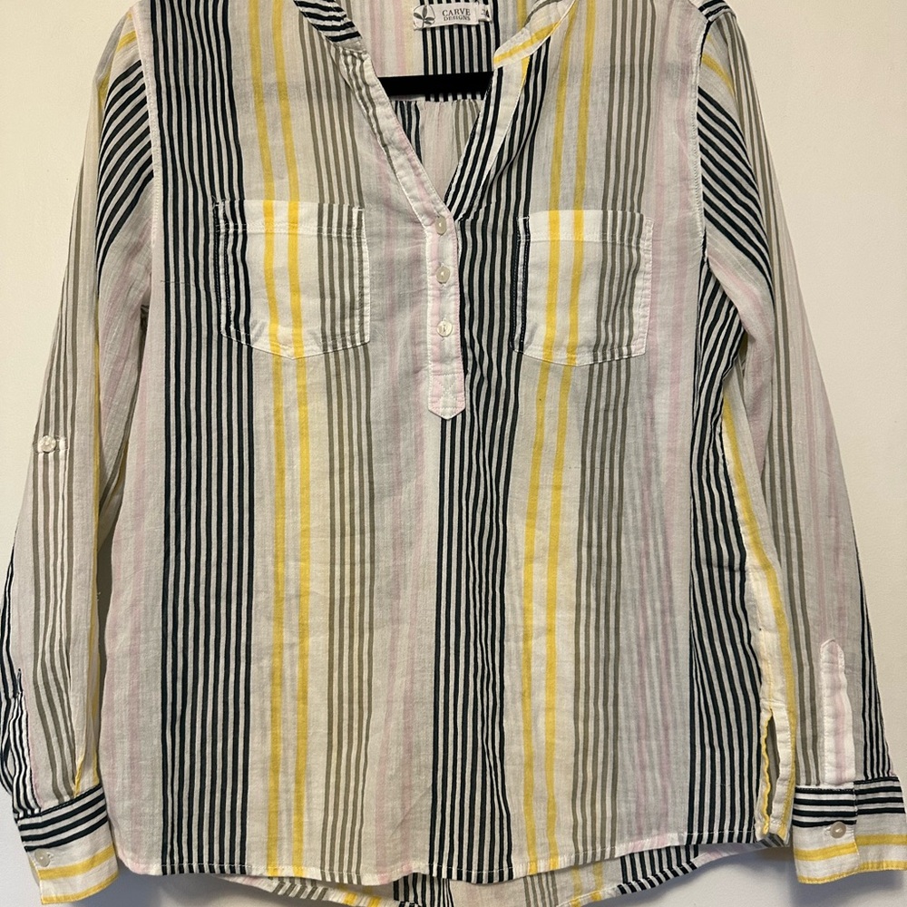 Carve Designs Organic Cotton Stripe Blouse XS Navy Yellow White Coastal Top EUC - Picture 2 of 7